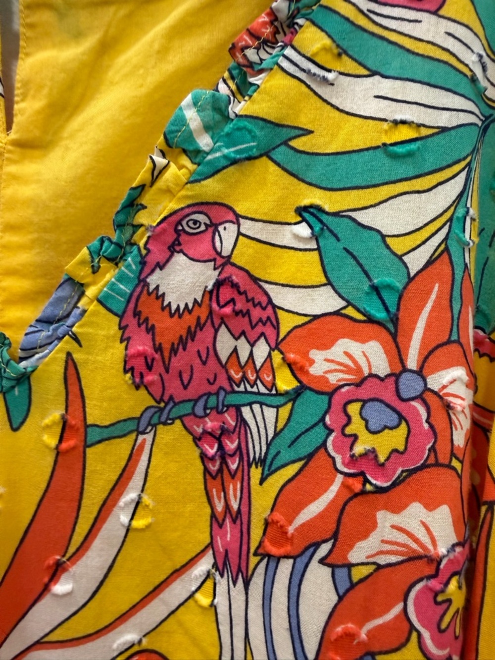 Talbots Tropical Print 100% Cotton Dress Size 6 Yellow Floral Parrot Midi Belted - Picture 6 of 12